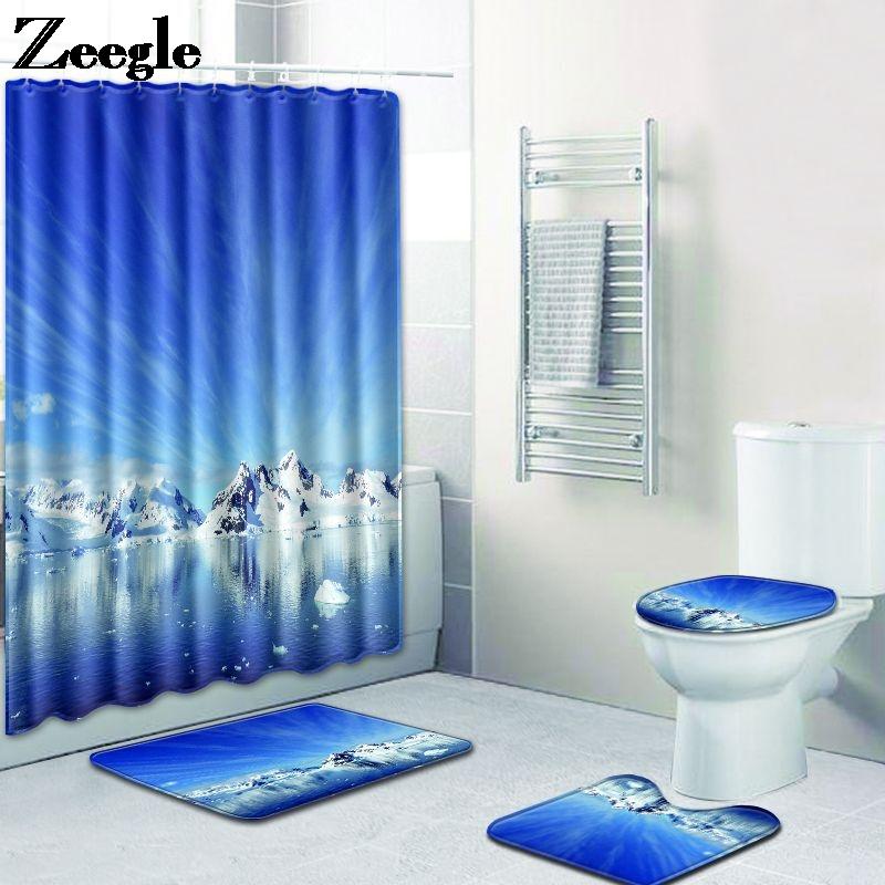 

Scenic Bath Mat and Shower Curtain Set Washable Toilet Seat Cover Mat Non Slip Bathroom Floor Shower Room Decoration Curtain