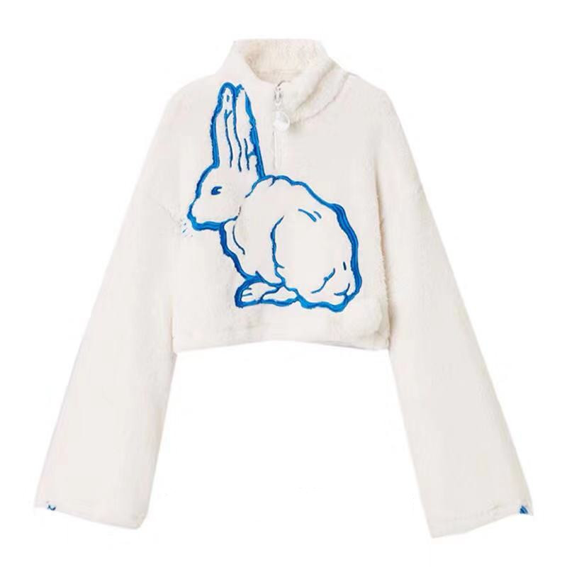

2021 Female Fashion Short Cute Sweatershirt's Watch New Fall Lovers White Winter Rabbit Loose Bf Jumpers OHBG