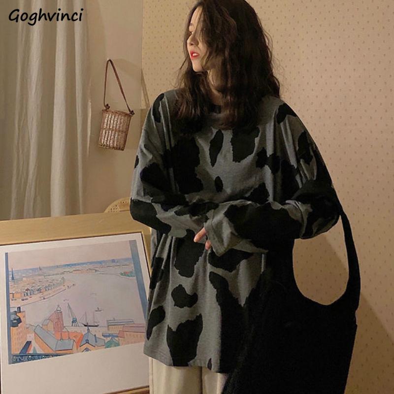 

Women Long Sleeve T-shirts Print Cow Loose Trendy Cool O-Neck Females Leisure Chic Lovely All-match Warm Outwear Autumn Fashion, Gray