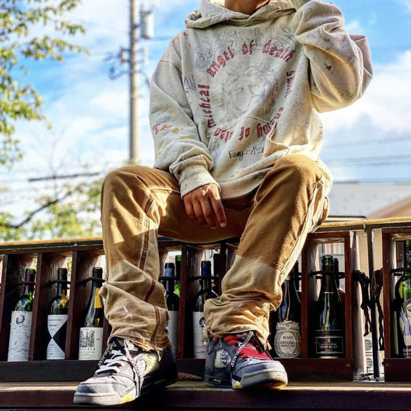 

Saint Michael Jesus printed water washed old holes graffiti sketch loose Hoodie sweater, Light gray