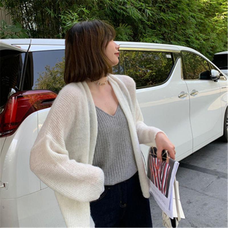 

Women's Knits & Tees Korean Cardigan Women Loose Minimalist All-match Plus Size S-3XL Spring Sun-proof Casual Open Stitch College Solid Fema, White