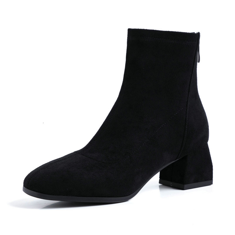 

2021 New Ankle Autumn Winter Square High Heel Women Shoes Round Toe Flock Short Casual Party Boots Size 34-43 Cul3, Apricot