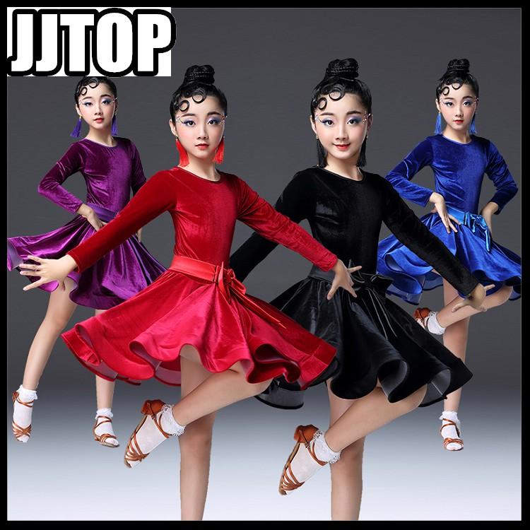 

Girls VELOUR Latin Dance Dress Children Long Sleeve Dance Skirt Sets Performance Competition Standard Kids Princess Costumes, Red