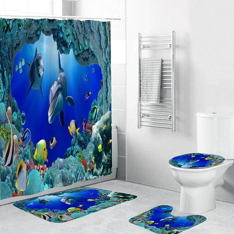 

LANGRIA 4 pcs Bathroom Shower Curtain Dolphin Durable Waterproof Bath Curtain Sets Toilet Cover Mat Non-Slip Bathroom Rug Set