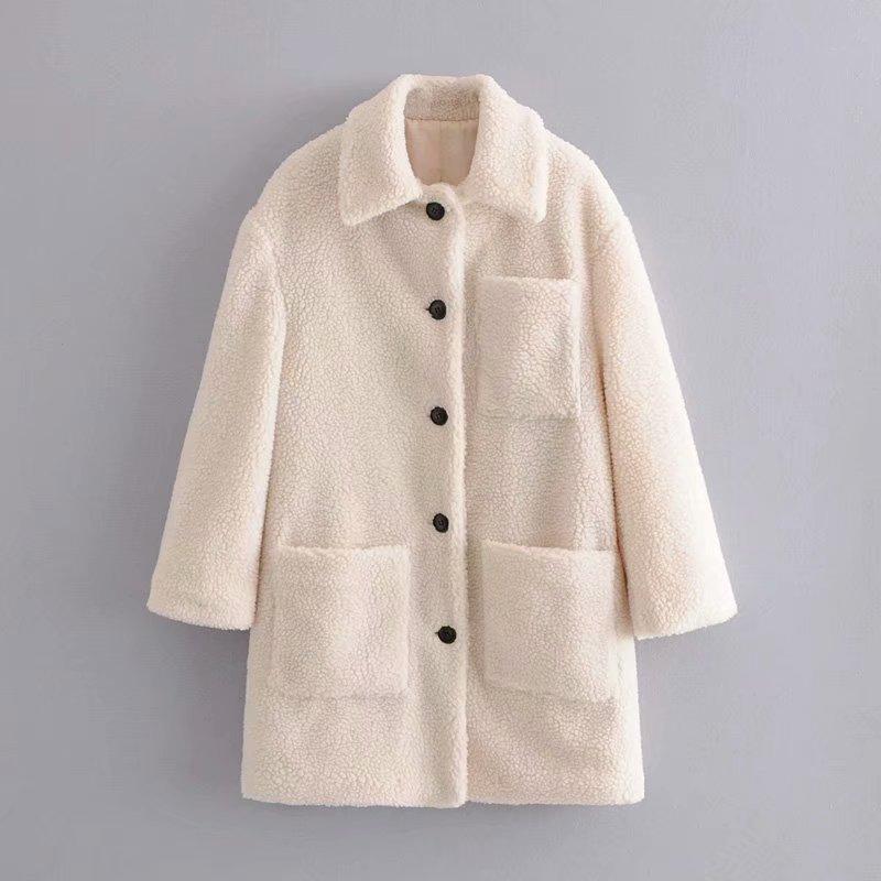 

2020 Women Winter Coat Elegant Solid Lapel Loose Warm Female thick coat Blends Ladies white, Beige