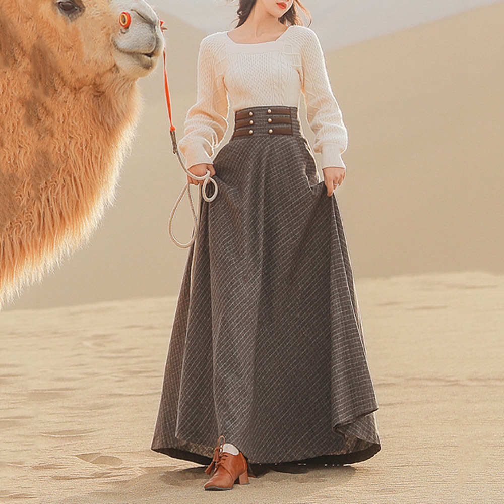 

2021 Classic Two Sets of Temperament Fashionable Collar Square Wool Long Sleeve High Waist Swing Check Skirt Suit Cfin, Beige