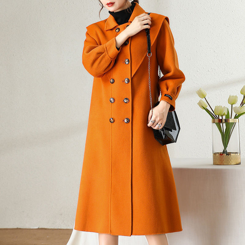 

Dual Shape Face New Elegant Winter Double Breasted Mid Length Female Loose Wool Casual Outerwea R725 83rk, Orange