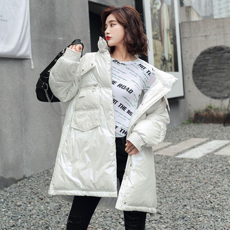 

Fashionable Women Winter Solid White Oversize Chic Down Coat Stand Collar Windproof Glossy Winter Down Jacket Women Hooded Coat, Black