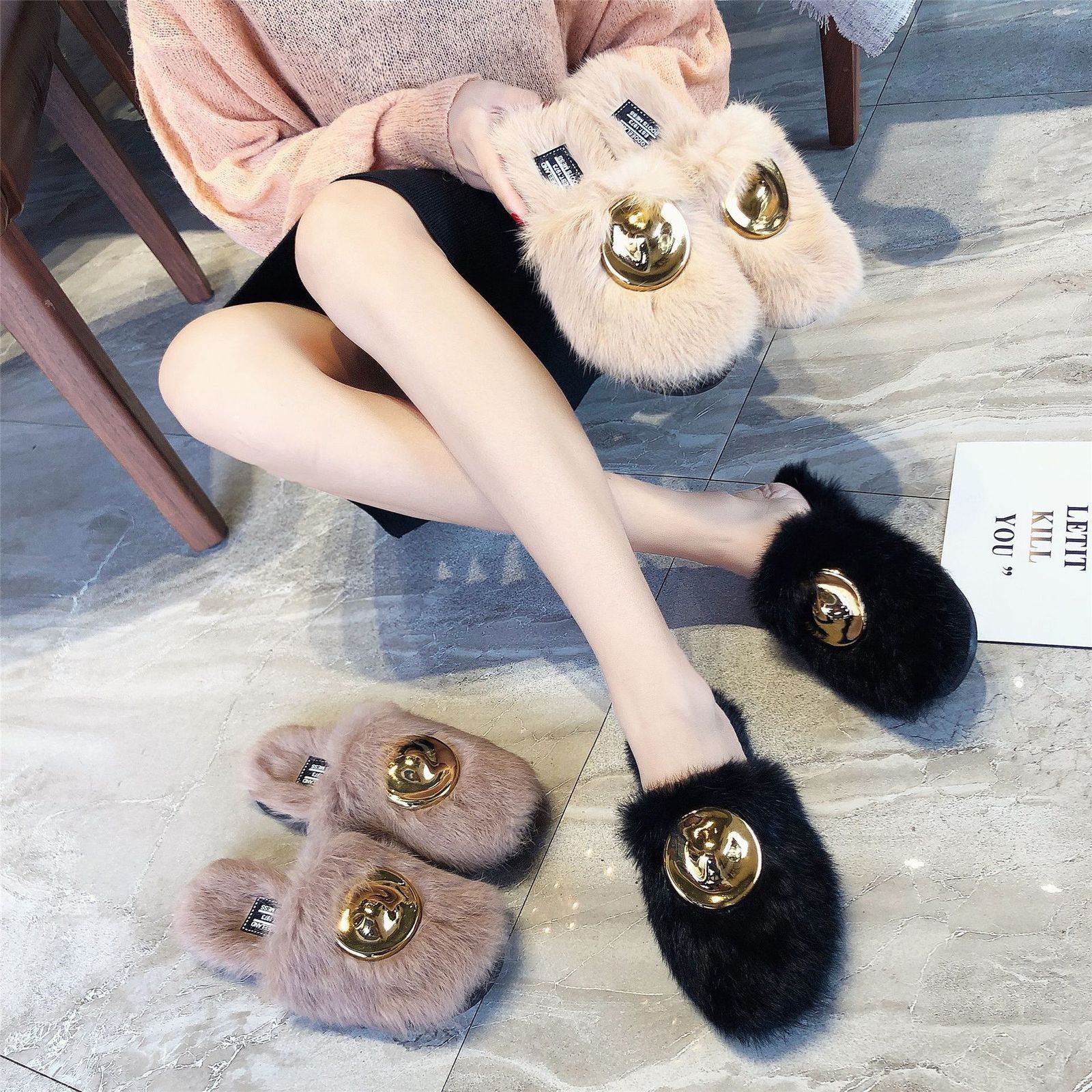 

2021 Hairy Chinese Female Autumn and Winter New Style of Round Head Baotou Fixed Metal Fruit Mode Outer Outdoor Clothing 4JV2, Heels two cm