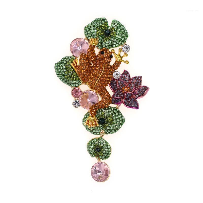 

50pcs/lot Luxurious Crystal Rhinestone Frog Lotus Brooch Pin Animal Brooches For Women1