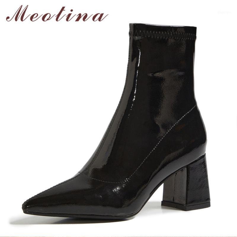

Meotina Women Ankle Boots Shoes Patent Leather High Heel Short Boots Pointed Toe Thick Heels Lady Autumn Winter Black 431, Black 1 velvet lini