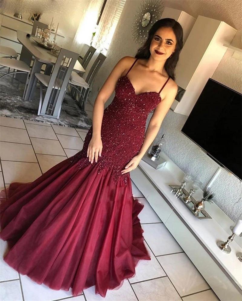 

Custom Burgundy Mermaid Lace Appliques Evening Dresses with Beads Spaghetti Arabic Sweep Train Tulle Formal Prom Party Gowns, Purple