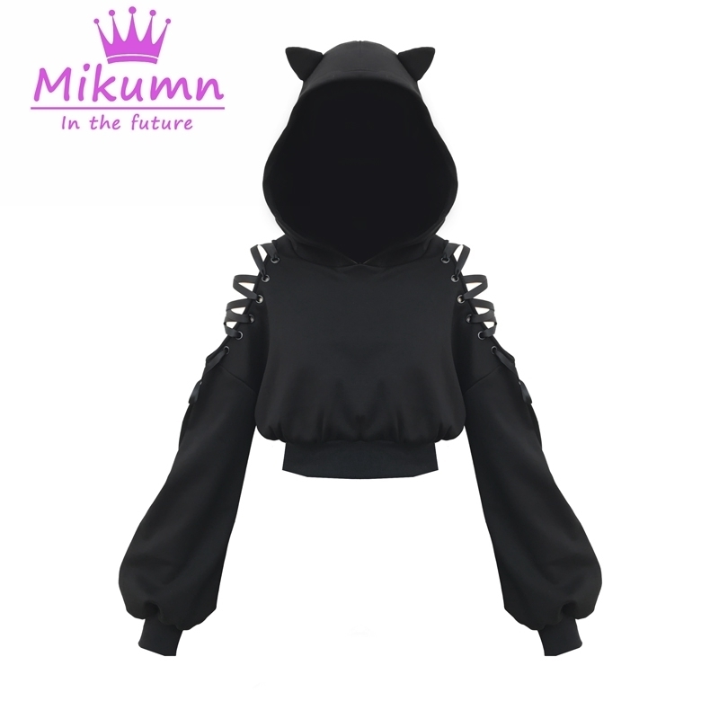 

Harajuku Sweatshirt Women Punk Gothic Hoodie Autumn Winter Plus Velvet Hollow Out Lace up Long Sleeve Cute Cat Ear Hoodies Y200706, Balck