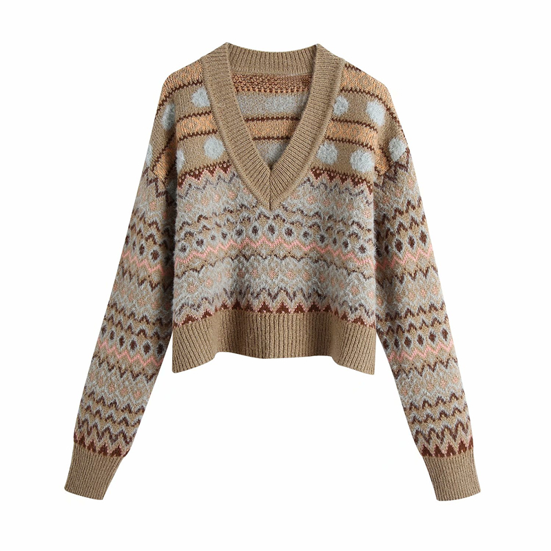 

2021 New Vintage Women Cascading Striped Sweaters Fashion Ladies V-neck Knitted Tops Streetwear Female Short Loose Pullovers F309, Brown