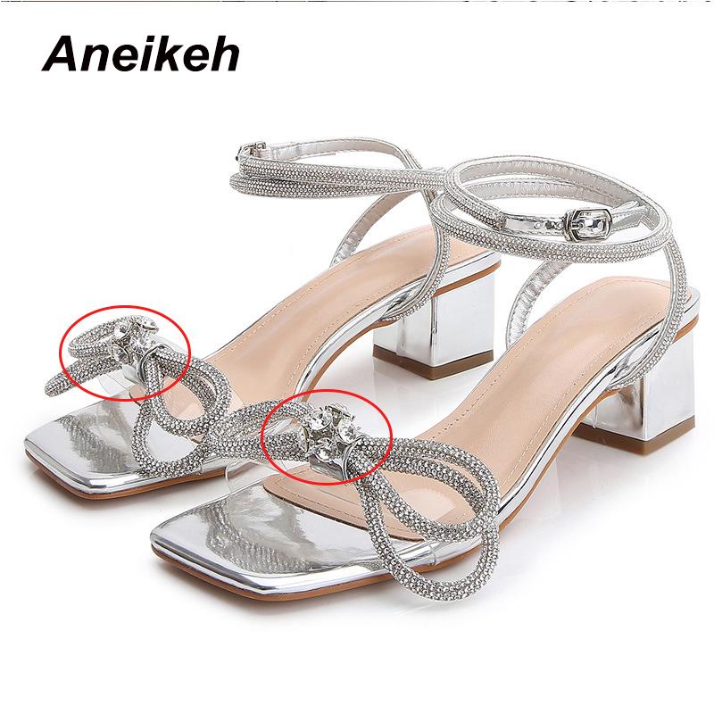 

Aneikeh Women Shoes Square Toe 2021 Summer Stiletto Heels Bling Sandals PU Solid Buckle Strap Silvery Size 34-40 Fashion Party, Floral decoration
