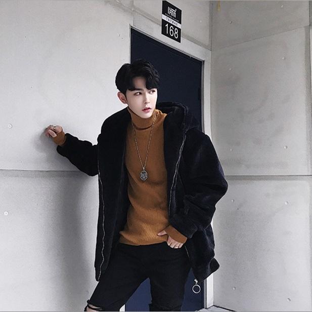 

Casual Black Faux Fur Coat Jaqueta De Couro Masculina 2020 Winter Rex Fur Jacket Long Sleeve Hooded Overcoat XL662