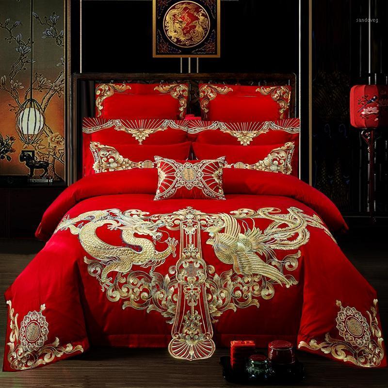 

36 Golden Phoenix Embroidery Egyptian cotton Wedding Bedding Set Red Duvet Cover Bed Sheet Bedspread Pillowcases1