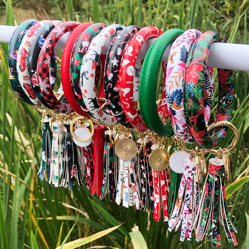 

Christmas Styles Sun Flower/Flag Pattern Leather Wrap Tassels Bracelets Keychain Wristlet Bracelet Tassel Keychain Round Bangle Key Ring