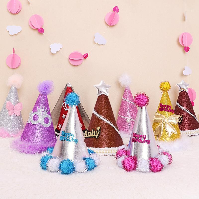 

Shiny Happy Birthday Party Hats 100 days Birthday Hat with Crown Festive Party Photograph Caps Decoration Kids 20*12cm1