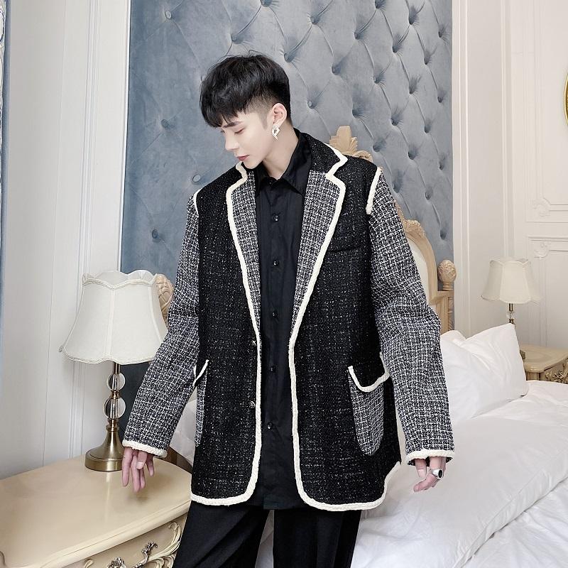 

New Male Japan Korea Streetwear Loose Suit Coat Outerwear Men Splice Plaid Vintage Thick Suit Blazers Jacket Overcoat, 9983