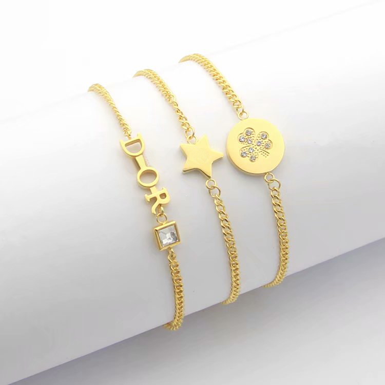 

Europe America Fashion Style Lady Women Titanium steel Chain Bracelet With D Initials Pentagram Setting Diamond Pendant 3 Color