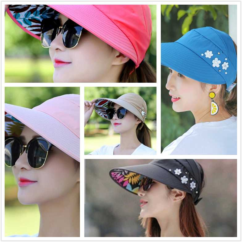 

1Pc Sun Hats for women summer pearl packable sun visor hat with big heads wide brim beach hat UV protection female cap, Bk
