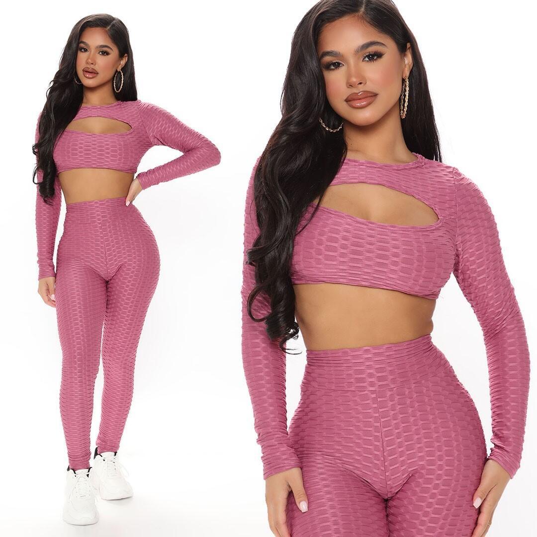 

Women's Tracksuits European and American new autumn and winter Jacquard Knitting short open navel hollow tight Yoga Pants sports suit, 14