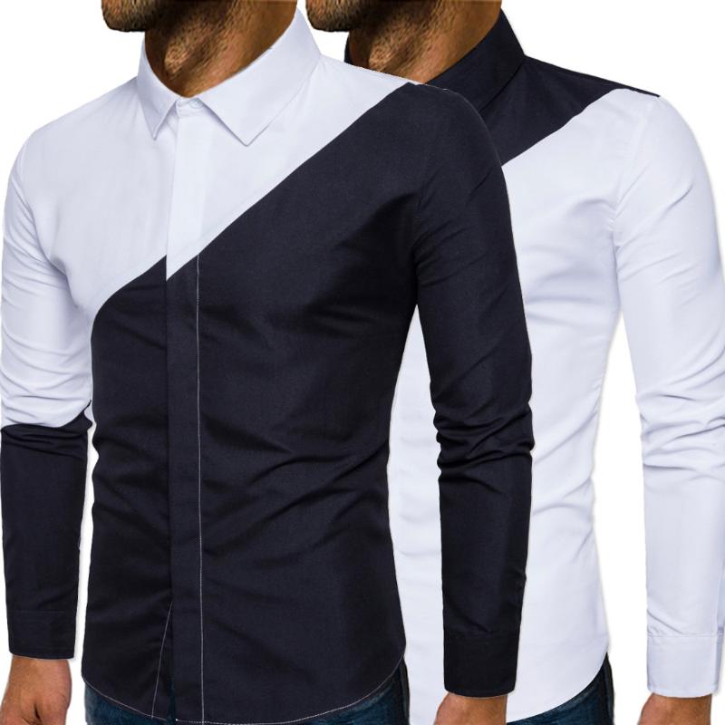 

Masculina Long Sleeve Shirt Men Slim Design Formal Casual Male Dress Shirt New Mens patchwork shirts dance autumn spring clothes, Black