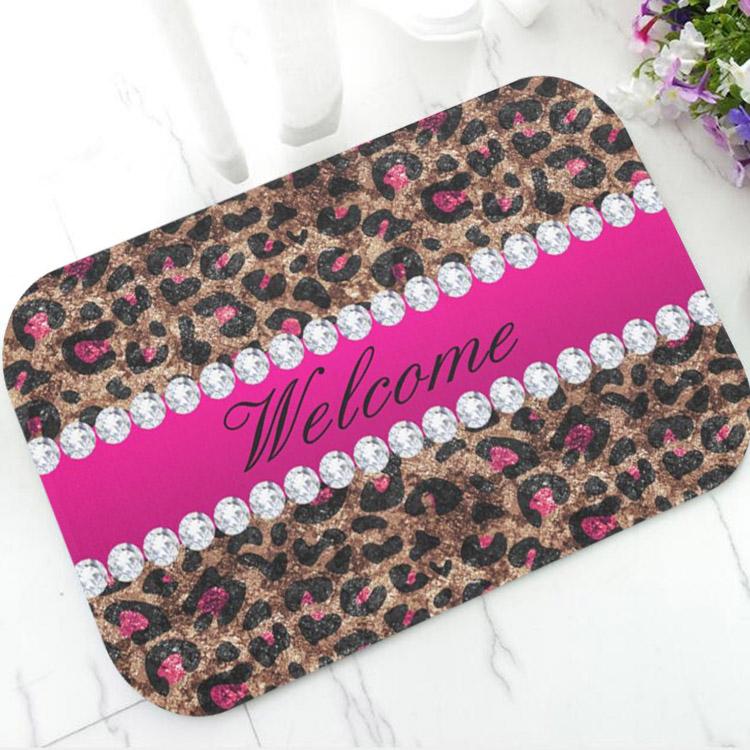 

Faux Leopard Hot Pink Rose Gold Foil and Diamonds Welcome Doormat Modern Sequins Door Mat for Bathroom Kitchen Rug Carpet Decor