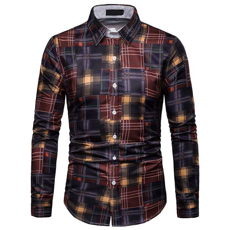 

New Arrival Plaid Men Shirt Slim Fit Casual Shirt Long Sleeve Turn Down Collar Dress Shirts Male Clothing Camisa Dropshipping, Brown