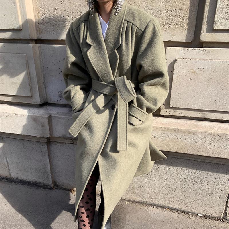 

Women Long Woolen Coat with Belt Full Sleeve Turn Down Collar Loose Long Wool Jackets Warm Outerwear Plus Size Casaco Feminino, Green