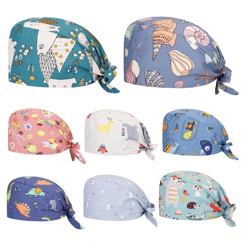 

4 Pieces Working Cap with Sweatband Adjustable Tie Back Bouffant Scrub Hat Cartoon Printed Multi Color Cotton Head Cover, Army green