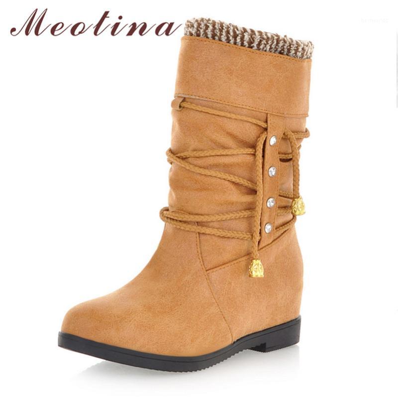 

Meotina Autumn Mid Calf Boots Women Boots Crystal Slip on Flat Pleated Round Toe Shoes Ladies Winter Green Plus Size 33-431, Black