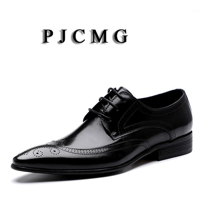 

PJCMG New Black/Brown Oxfords Formal Mens Dress Solid Lace-Up Pointed Toe Carved Genuine Leather Business Men Wedding Shoes1