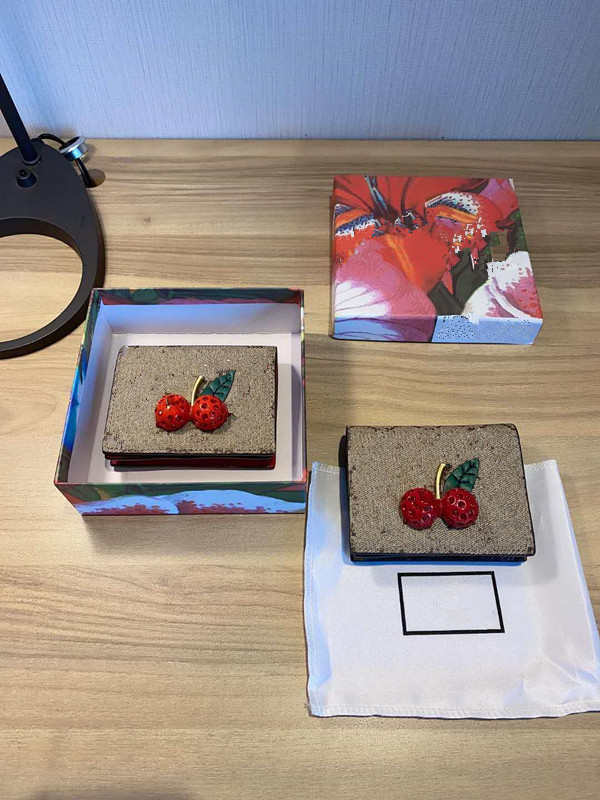 

2020 New Fashionable Canvas Cherry Red Card Slot Brief Paragraph Small Change Purse Hand Bag High Quality Wallets Leather for Women Wallet, Red;black