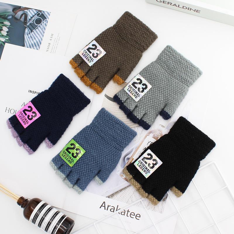 

MEN'S Half-finger Gloves Leakage Refers to Yarn Winter Fashion with Numbers Lettered Colored Door Sill Warm Gloves Students1