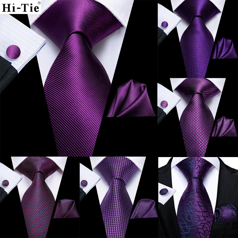 

Hi-Tie Purple Red Blue Solid Silk Wedding Tie For Men Hanky Cufflink Men Necktie Set Business Party Dropshipping Fashion Design