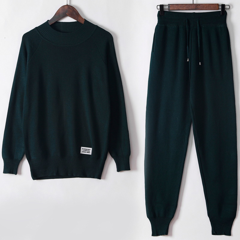 

2021 New 2 Pieces Women Tracksuit Oneck + Harem Pants Pullover Sweater Set Chic Knitted Outwear Suit P51s, Black
