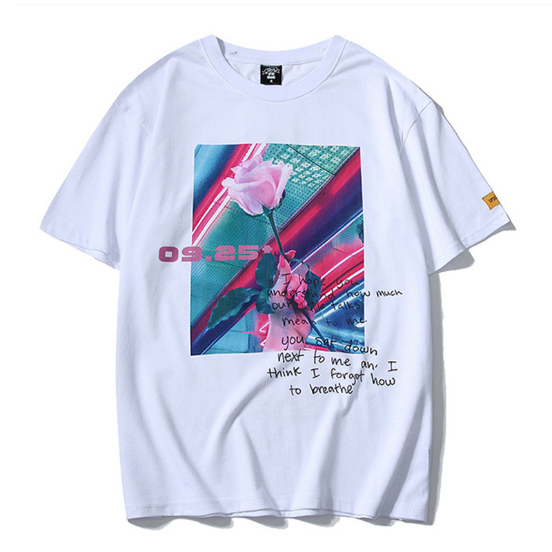

2020 Men Hip Hop T-Shirts Streetwear Pink Rose T Shirt Summer Floral Tshirt Cotton Short Sleeve Tops Tees, White