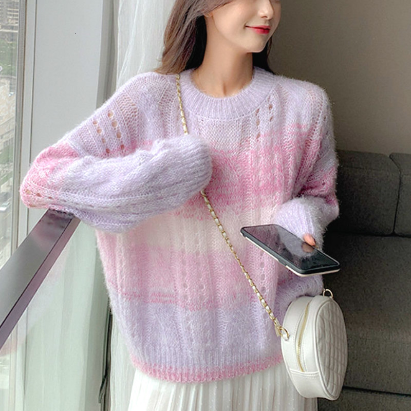 

Women' Knitted Sweet Rainbow Girl' Loose Long, Korean Sweater Female Clothes Autumn 2021 Uh84, Blue