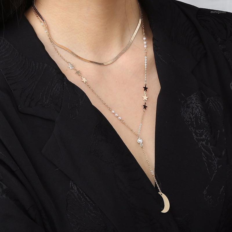 

Star Pearl Stitching Long Pendant Moon Crescent Necklace for Women Kpop Ins Creative Jewelry Personality Wild Clavicle Chain1