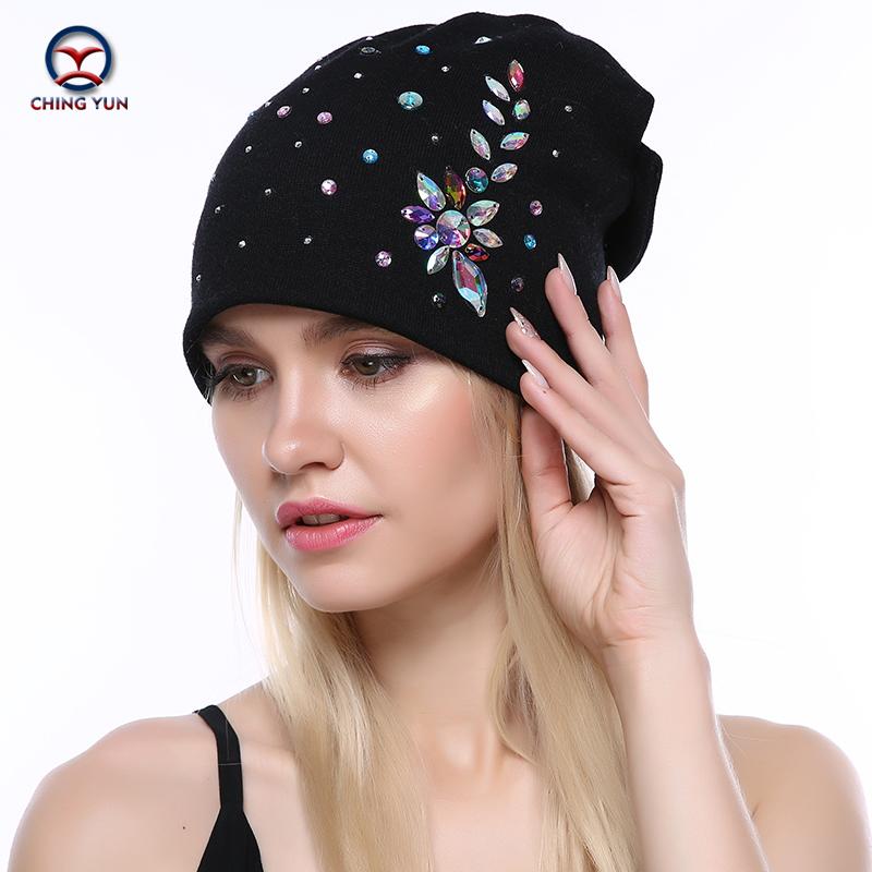 

CHING YUN Women Cashmere knit hat new soft Winter Warm Rhinestone embroidery High Quality Female Solid Color Knitted Hat B19-13, Black