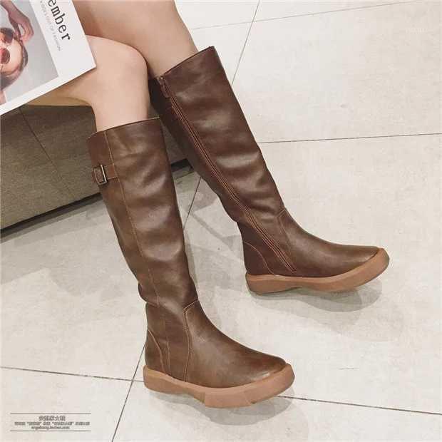 

Low Flat With Casual Zip Long Boots for Women Knee-High Buckle PU Fashion Autumn Winter Boots Round Toe Solid Concise Shoes1, Black