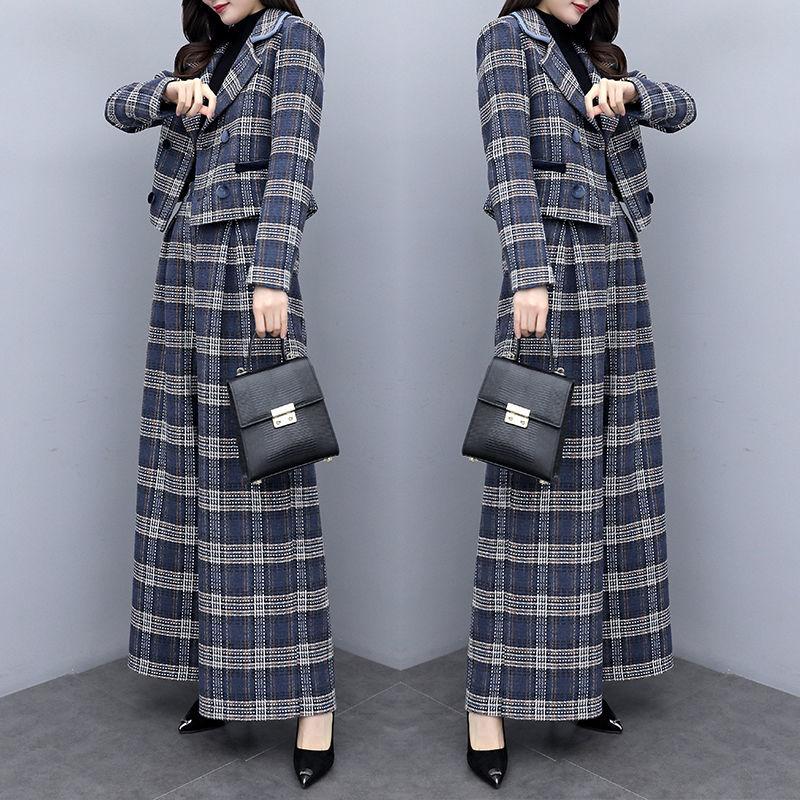 

Women' Autumn New Woolen 2 Pieces Fashion Short Coat + High Waist Wide Leg Pants Female Suit/Sets