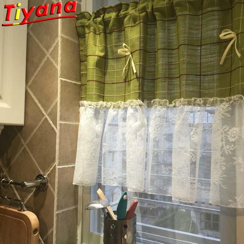 

Bay Window Green Plaid Half Curtain Door Window Lace Stitching Romantic Curtain Partition Kitchen Drapes Home Decoration HM111#4, Short curtain