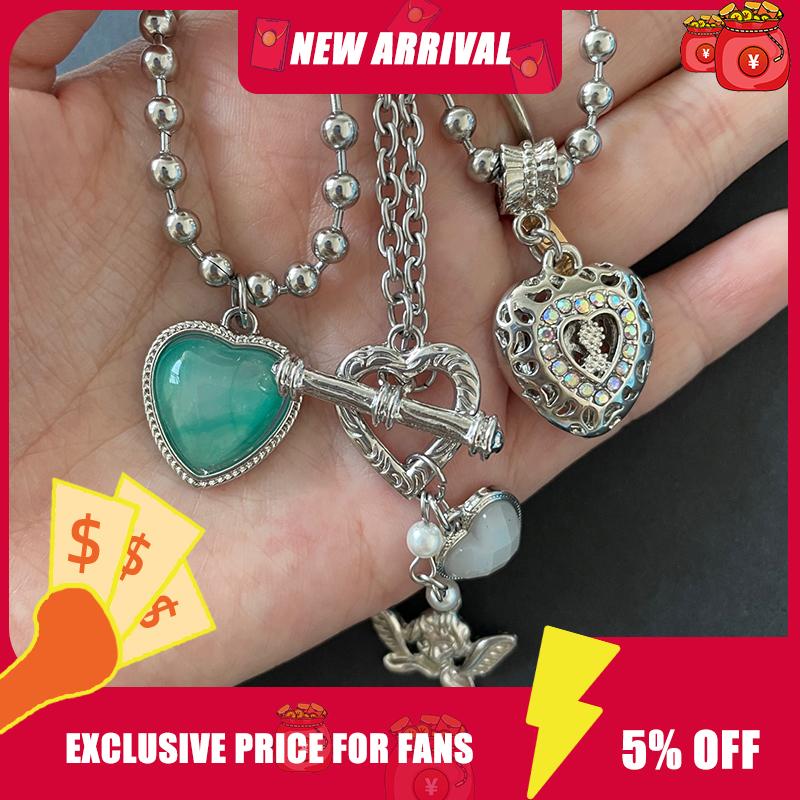 

Pendant Necklaces Kpop Vintage Green Heart Necklace For Women Angel Clavicle Chain Y2K Cupid Party Jewelry