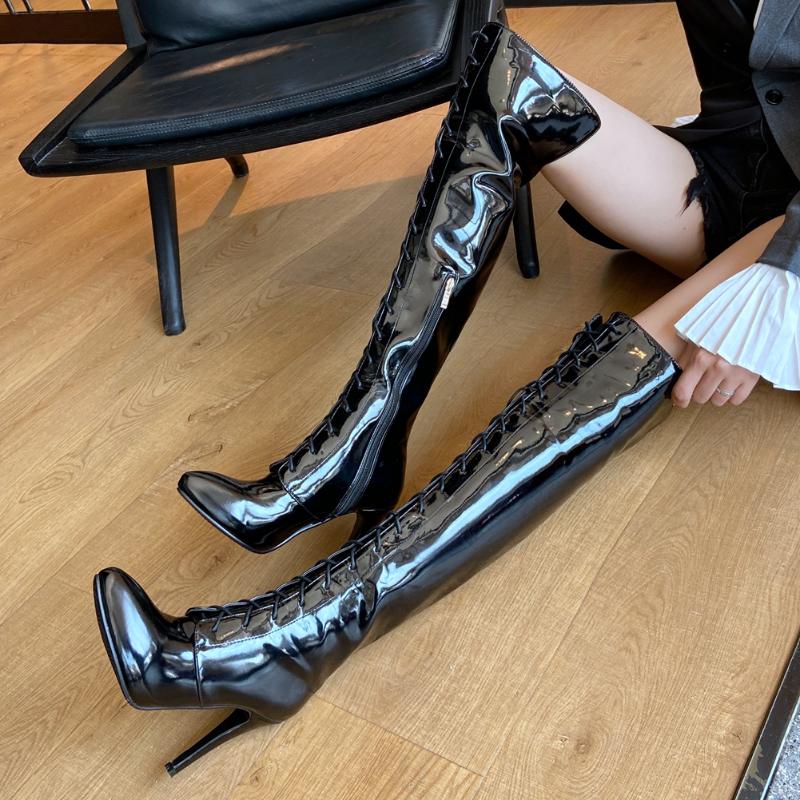 

Brand New Winter Shoes Boots Big Size 48 Customize Quality Sexy High Heels cross-tied Over The Knee Party Boots Women, Black