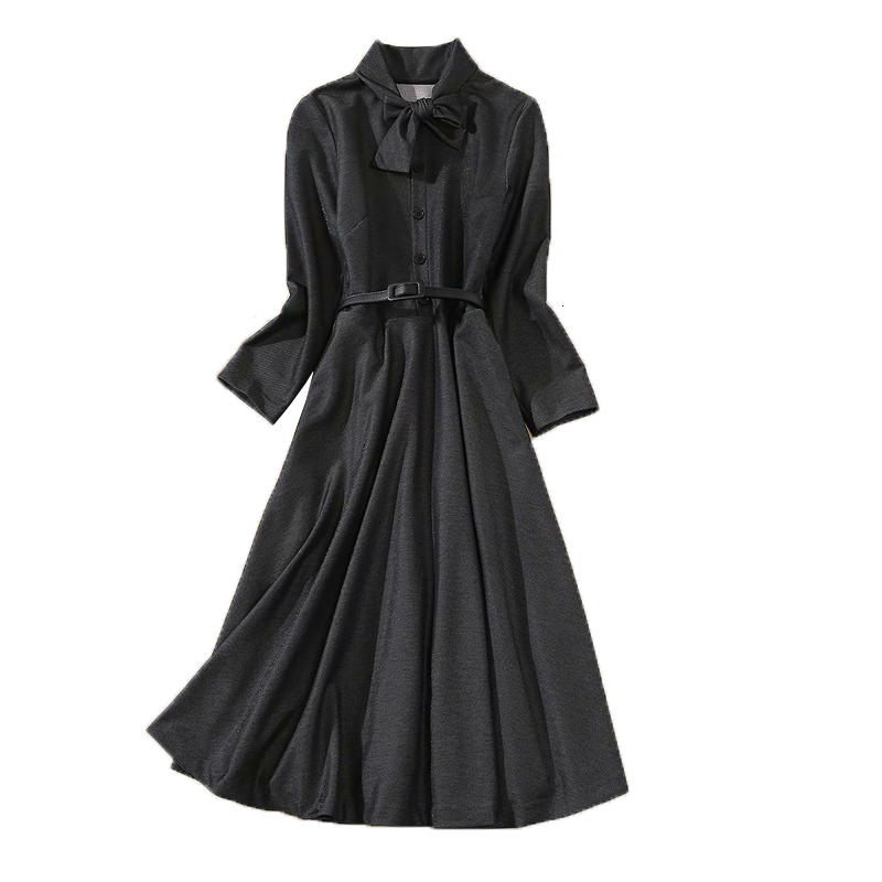 

2021 Autumn New Bowknot Style Long Sleeve Thin Belt Fitting Unique Temper Breasted Mid-length Dress High Quality Women's Clothing V7s7, Dark grey