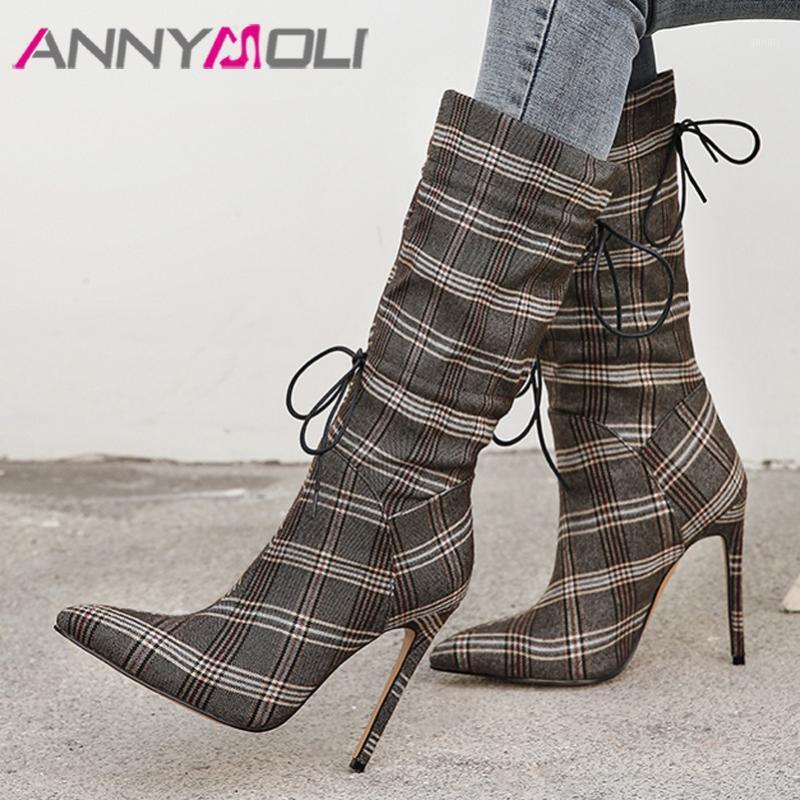 

ANNYMOLI Extreme High Heel Mid Calf Boots Woman Bow Thin Heel Shoes Lace Up Pointed Toe Short Boots Lady Autumn Winter Black 461, Black velvet lining