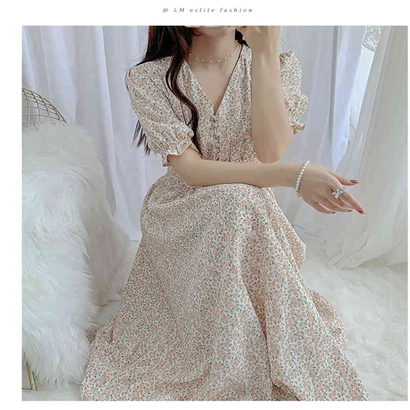 

Summer French Fashion Elegant Temperament Slim V-neck Floral Chiffon Dress Womens Midi Dress, Black;gray